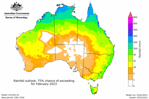 Map showing the rainfall totals that have a 75% chance of occurring during the next month in Australia. Image provided by the Bureau of Meteorology. Please refer to accompanying text for a more detailed description.