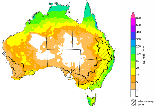 Map showing the rainfall totals that have a 75% chance of occurring during the next month in Australia. Image provided by the Bureau of Meteorology. Please refer to accompanying text for a more detailed description.