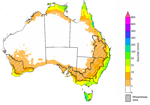 Map showing the rainfall totals that have a 75% chance of occurring during the next month in Australia. Image provided by the Bureau of Meteorology. Please refer to accompanying text for a more detailed description.