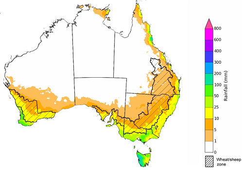 Map showing the rainfall totals that have a 75% chance of occurring during the next month in Australia. Image provided by the Bureau of Meteorology. Please refer to accompanying text for a more detailed description.