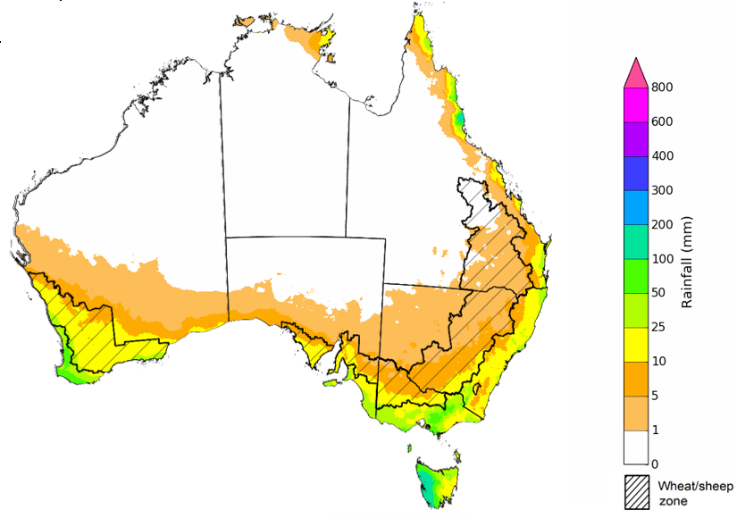 Map showing the rainfall totals that have a 75% chance of occurring during the next month in Australia. Image provided by the Bureau of Meteorology. Please refer to accompanying text for a more detailed description.