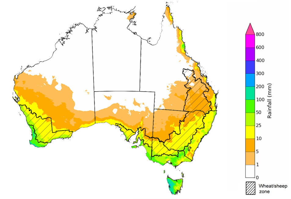 Map showing the rainfall totals that have a 75% chance of occurring during the next month in Australia. Image provided by the Bureau of Meteorology. Please refer to accompanying text for a more detailed description.