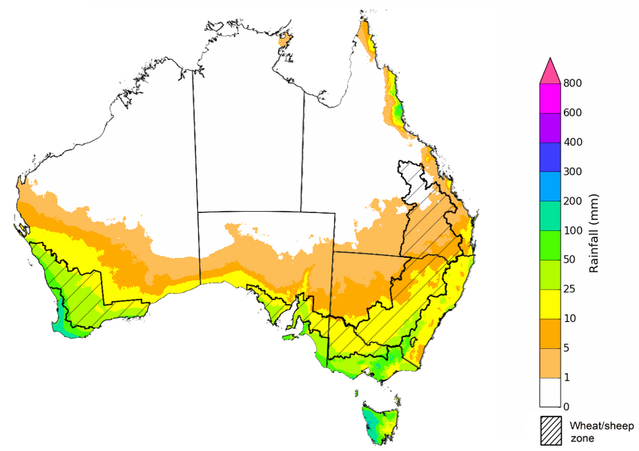 Map showing the rainfall totals that have a 75% chance of occurring during the next month in Australia. Image provided by the Bureau of Meteorology. Please refer to accompanying text for a more detailed description