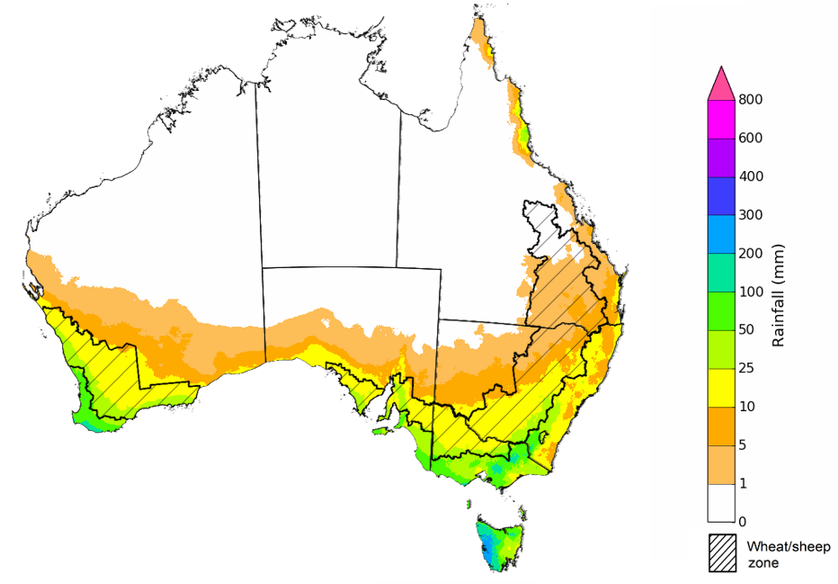 Map showing the rainfall totals that have a 75% chance of occurring during the next month in Australia. Image provided by the Bureau of Meteorology. Please refer to accompanying text for a more detailed description.