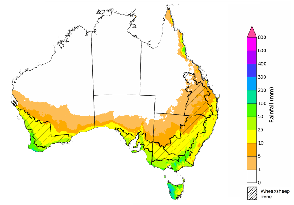 Map showing the rainfall totals that have a 75% chance of occurring during the next month in Australia. Image provided by the Bureau of Meteorology. Please refer to accompanying text for a more detailed description.