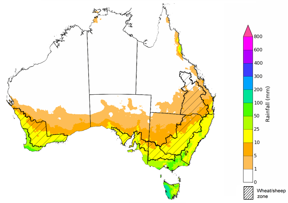 Map showing the rainfall totals that have a 75% chance of occurring during the next month in Australia. Image provided by the Bureau of Meteorology. Please refer to accompanying text for a more detailed description.