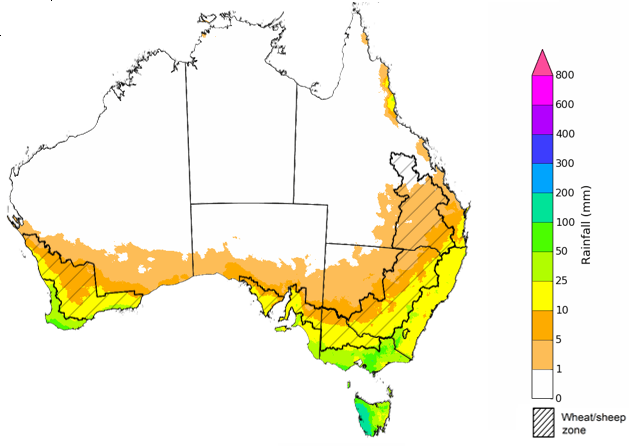 Map showing Rainfall totals that have a 75% chance of occurring in September 2023.