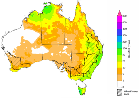 Map showing the rainfall totals that have a 75% chance of occurring during the next month in Australia. Image provided by the Bureau of Meteorology. Please refer to accompanying text for a more detailed description.