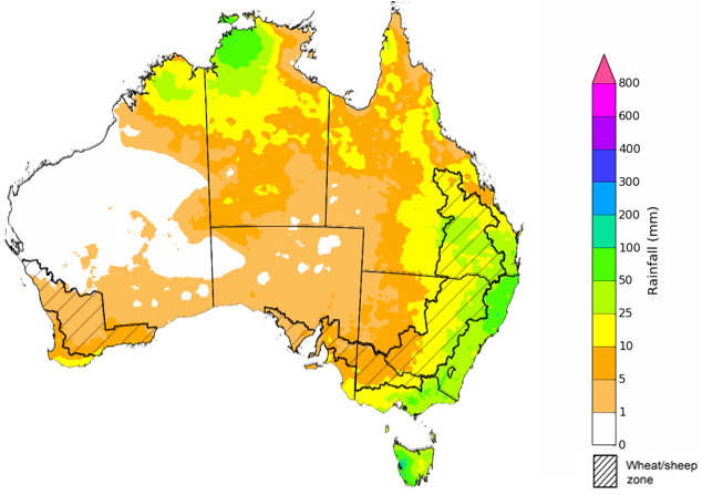 Map showing the rainfall totals that have a 75% chance of occurring during the next month in Australia. Image provided by the Bureau of Meteorology. Please refer to accompanying text for a more detailed description. The climate outlook is generated by ACCESS–S (Australian Community Climate Earth-System Simulator–Seasonal). ACCESS–S is the Bureau of Meteorology's dynamic (physics-based) weather and climate model used for monthly, seasonal, and longer-lead climate outlooks. For further information, go to http