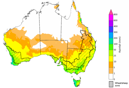 Map showing the rainfall totals that have a 75% chance of occurring during the next month in Australia. Image provided by the Bureau of Meteorology. Please refer to accompanying text for a more detailed description. For further information, go to http://www.bom.gov.au/climate/ahead/about/.]