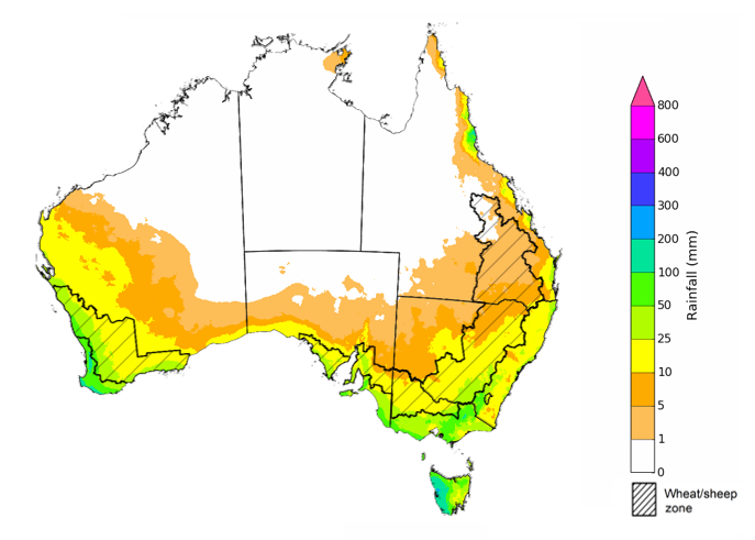 Map showing the rainfall totals that have a 75% chance of occurring during the next month in Australia. Image provided by the Bureau of Meteorology. Please refer to accompanying text for a more detailed description. 