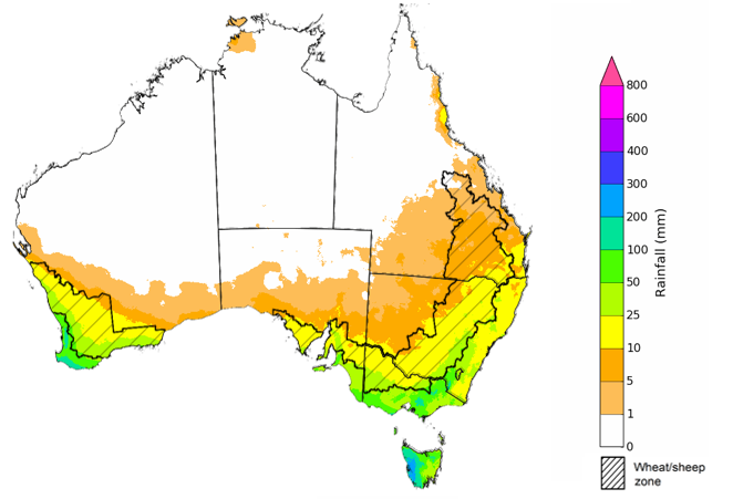 Map showing the rainfall totals that have a 75% chance of occurring during the next month in Australia. Image provided by the Bureau of Meteorology. Please refer to accompanying text for a more detailed description. For further information, go to http://www.bom.gov.au/climate/ahead/about/.