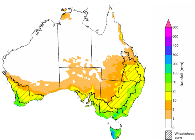 Map showing the rainfall totals that have a 75% chance of occurring during the next month in Australia. Image provided by the Bureau of Meteorology. Please refer to accompanying text for a more detailed description. For further information, go to http://www.bom.gov.au/climate/ahead/about/.