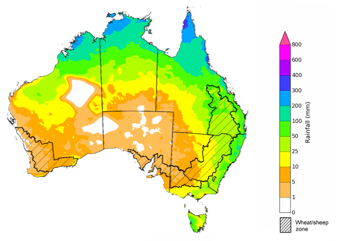 Map showing the rainfall totals that have a 75% chance of occurring during the next month in Australia. Image provided by the Bureau of Meteorology. Please refer to accompanying text for a more detailed description. For further information, go to http://www.bom.gov.au/climate/ahead/about/.]