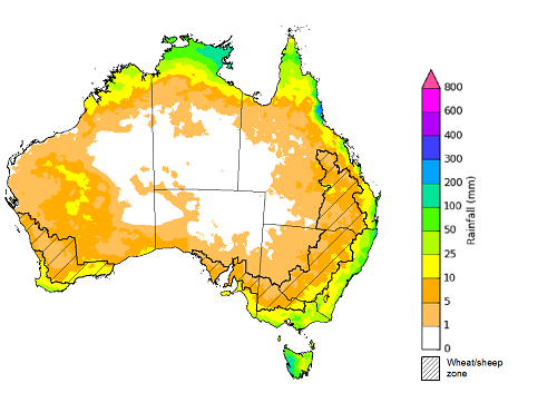 Map showing the rainfall totals that have a 75% chance of occurring during the next month in Australia. Image provided by the Bureau of Meteorology. Please refer to accompanying text for a more detailed description.