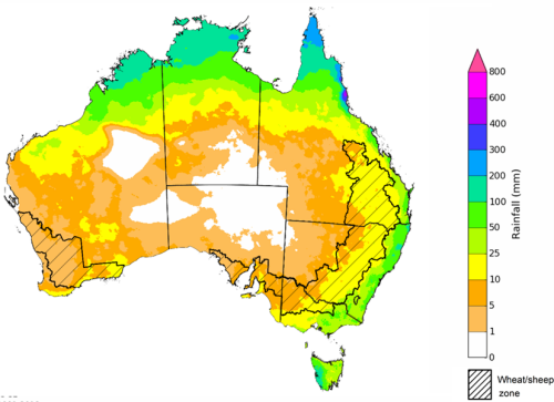 Map showing the rainfall totals that have a 75% chance of occurring during the next month in Australia. Image provided by the Bureau of Meteorology. Please refer to accompanying text for a more detailed description.]