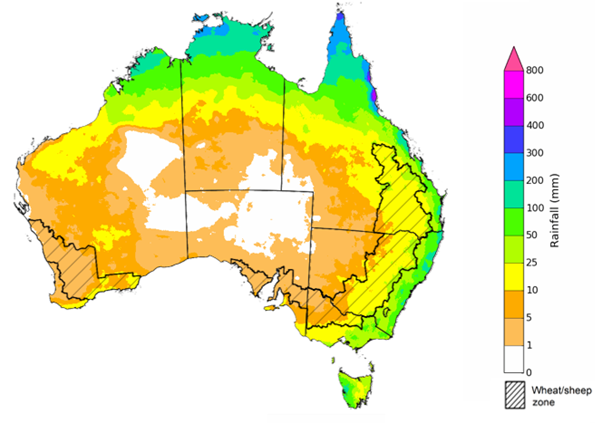 Map showing the rainfall totals that have a 75% chance of occurring during the next month in Australia. Image provided by the Bureau of Meteorology. Please refer to accompanying text for a more detailed description. For further information, go to http://www.bom.gov.au/climate/ahead/about/.]