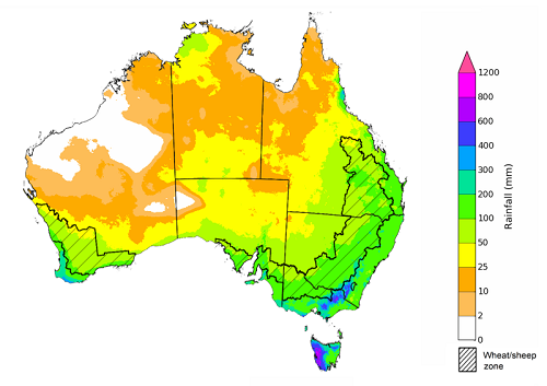 Map showing the rainfall totals that have a 75% chance of occurring during the next three months in Australia. Image provided by the Bureau of Meteorology. Please refer to accompanying text for a more detailed description.