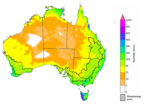 Map showing the rainfall totals that have a 75% chance of occurring during the next three months in Australia. Image provided by the Bureau of Meteorology. Please refer to accompanying text for a more detailed description.