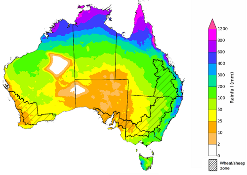 Map showing the rainfall totals that have a 75% chance of occurring during the next three months in Australia. Image provided by the Bureau of Meteorology. Please refer to accompanying text for a more detailed description.