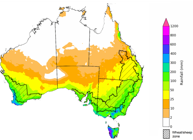 Map showing the rainfall totals that have a 75% chance of occurring during the next three months in Australia. Image provided by the Bureau of Meteorology. Please refer to accompanying text for a more detailed description.