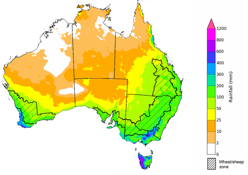 Map showing the rainfall totals that have a 75% chance of occurring during the next three months in Australia. Image provided by the Bureau of Meteorology. Please refer to accompanying text for a more detailed description