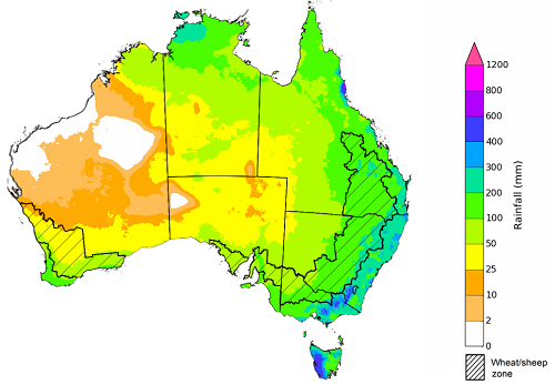 Map showing the rainfall totals that have a 75% chance of occurring during the next three months in Australia. Image provided by the Bureau of Meteorology. Please refer to accompanying text for a more detailed description.