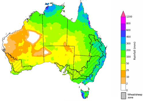 Map showing the rainfall totals that have a 75% chance of occurring during the next three months in Australia. Image provided by the Bureau of Meteorology. Please refer to accompanying text for a more detailed description.