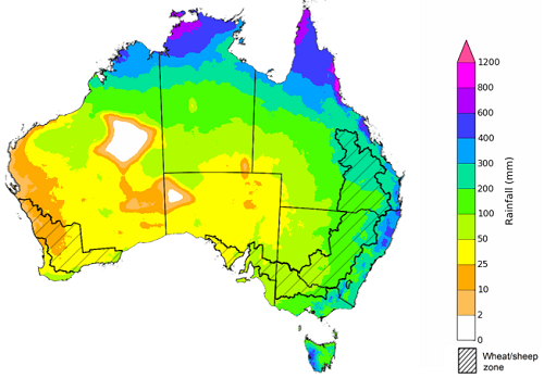 Map showing the rainfall totals that have a 75% chance of occurring during the next three months in Australia. Image provided by the Bureau of Meteorology. Please refer to accompanying text for a more detailed description.