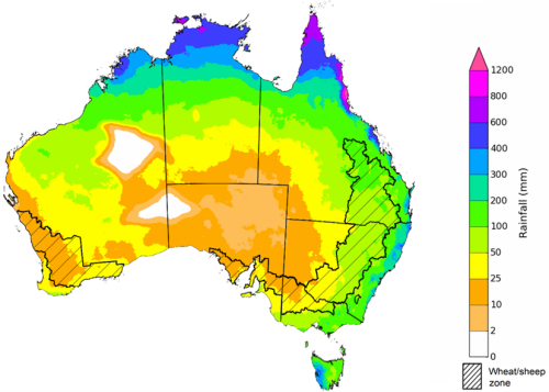 Map showing the rainfall totals that have a 75% chance of occurring during the next three months in Australia. Image provided by the Bureau of Meteorology. Please refer to accompanying text for a more detailed description.