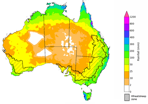 Map showing the rainfall totals that have a 75% chance of occurring during the next three months in Australia. Image provided by the Bureau of Meteorology. Please refer to accompanying text for a more detailed description.