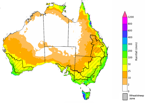 Map showing the rainfall totals that have a 75% chance of occurring during the next three months in Australia. Image provided by the Bureau of Meteorology. Please refer to accompanying text for a more detailed description.