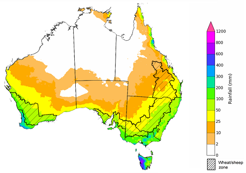 Map showing the rainfall totals that have a 75% chance of occurring during the next three months in Australia. Image provided by the Bureau of Meteorology. Please refer to accompanying text for a more detailed description.