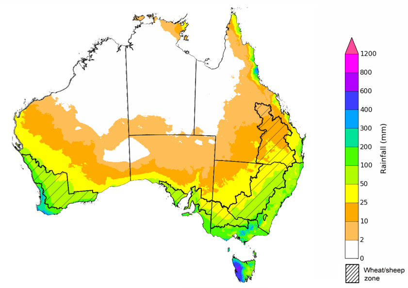 Map showing the rainfall totals that have a 75% chance of occurring during the next three months in Australia. Image provided by the Bureau of Meteorology. Please refer to accompanying text for a more detailed description.