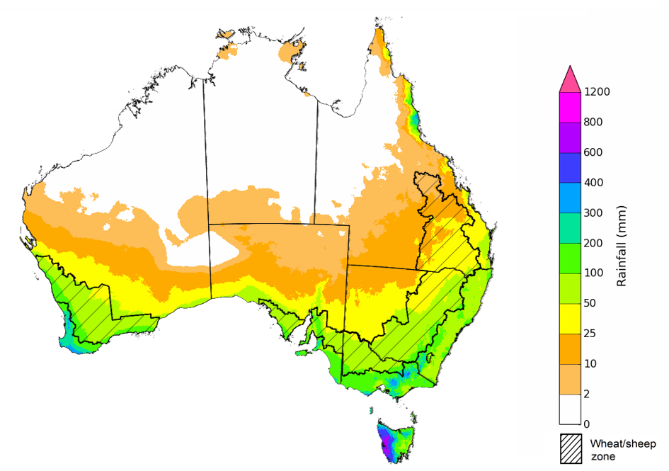 Map showing the rainfall totals that have a 75% chance of occurring during the next three months in Australia. Image provided by the Bureau of Meteorology. Please refer to accompanying text for a more detailed description.]