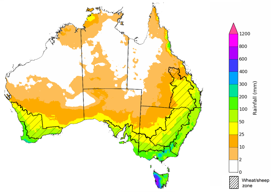 Map showing the rainfall totals that have a 75% chance of occurring during the next three months in Australia. Image provided by the Bureau of Meteorology. Please refer to accompanying text for a more detailed description.