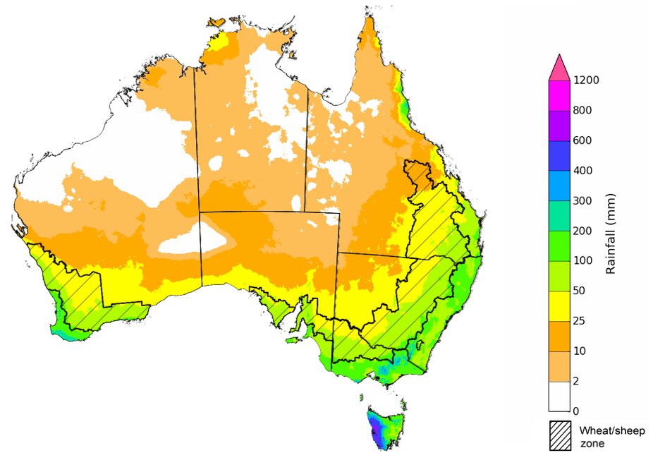 Map showing the rainfall totals that have a 75% chance of occurring during the next three months in Australia. Image provided by the Bureau of Meteorology. Please refer to accompanying text for a more detailed description.