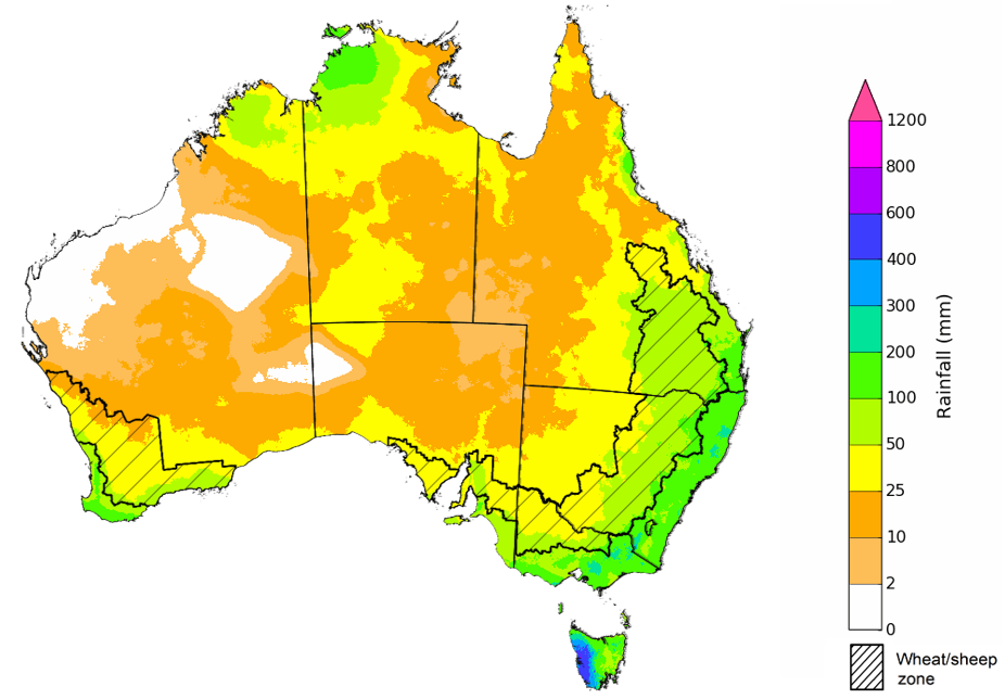 Map showing the rainfall totals that have a 75% chance of occurring during the next three months in Australia. Image provided by the Bureau of Meteorology. Please refer to accompanying text for a more detailed description.