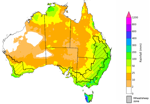 Map showing Rainfall totals that have a 75% chance of occurring September to November 2023 .