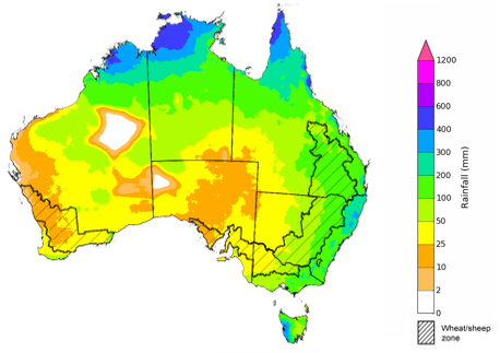 Map showing the rainfall totals that have a 75% chance of occurring during the next three months in Australia. Image provided by the Bureau of Meteorology. Please refer to accompanying text for a more detailed description.