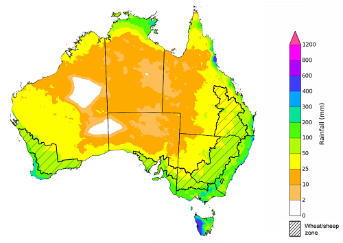 Map showing the rainfall totals that have a 75% chance of occurring during the next month in Australia. Image provided by the Bureau of Meteorology. Please refer to accompanying text for a more detailed description.