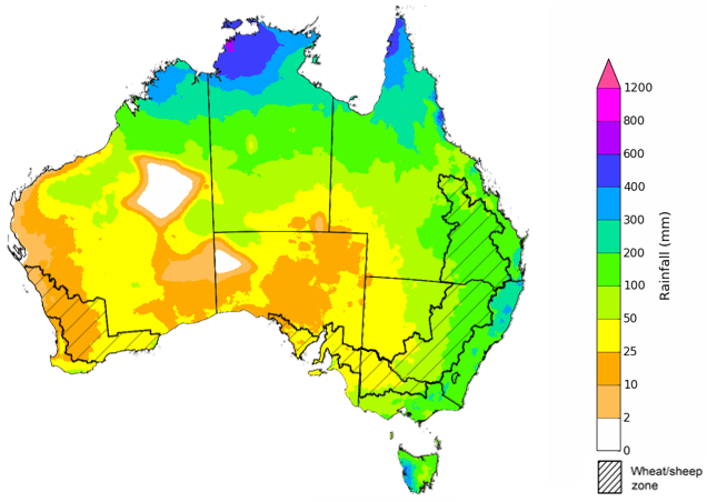 Map showing the rainfall totals that have a 75% chance of occurring during the next three months in Australia. Image provided by the Bureau of Meteorology. Please refer to accompanying text for a more detailed description.