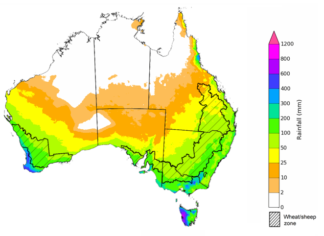 Map showing the rainfall totals that have a 75% chance of occurring during the next three months in Australia. Image provided by the Bureau of Meteorology. Please refer to accompanying text for a more detailed description.