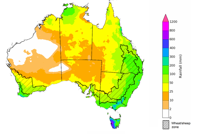 Map showing the rainfall totals that have a 75% chance of occurring during the next three months in Australia. Image provided by the Bureau of Meteorology. Please refer to accompanying text for a more detailed description.