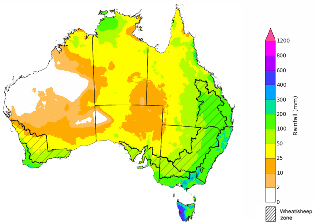 Map showing the rainfall totals that have a 75% chance of occurring during the next three months in Australia. Image provided by the Bureau of Meteorology. Please refer to accompanying text for a more detailed description