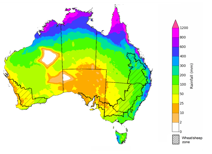 Map showing the rainfall totals that have a 75% chance of occurring during the next three months in Australia. Image provided by the Bureau of Meteorology. Please refer to accompanying text for a more detailed description