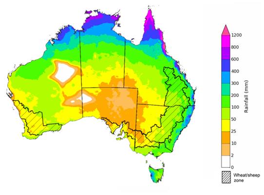 Map showing the rainfall totals that have a 75% chance of occurring during the next three months in Australia. Image provided by the Bureau of Meteorology. Please refer to accompanying text for a more detailed description