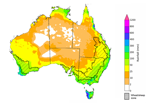 Map showing the rainfall totals that have a 75% chance of occurring during the next three months in Australia. Image provided by the Bureau of Meteorology. Please refer to accompanying text for a more detailed description.