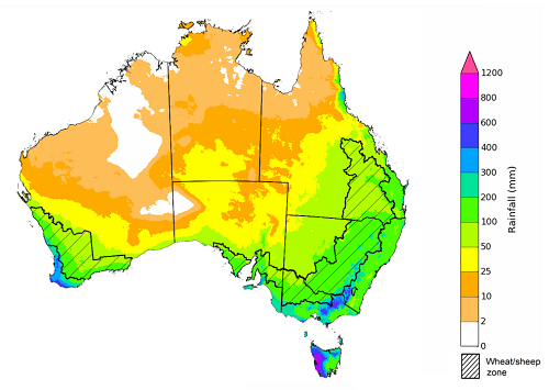 Map showing the rainfall totals that have a 75% chance of occurring during the next three months in Australia. Image provided by the Bureau of Meteorology. Please refer to accompanying text for a more detailed description