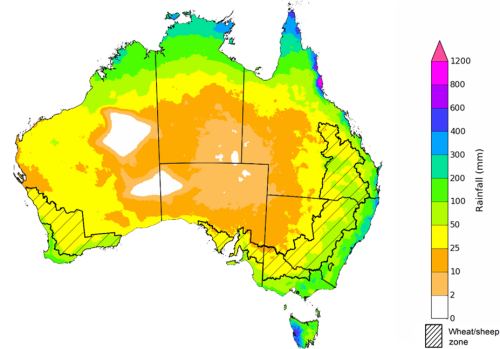 Map showing the rainfall totals that have a 75% chance of occurring during the next three months in Australia. Image provided by the Bureau of Meteorology. Please refer to accompanying text for a more detailed description